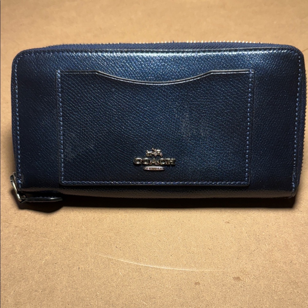 Coach Navy Metallic Leather Zip-Around Wallet with Gunmetal Logo Hardware